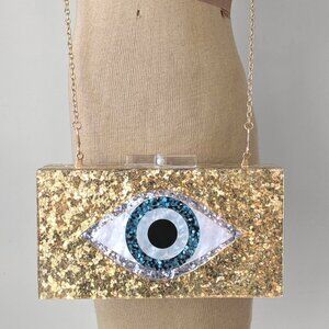 Evil Eye Gold Glitter Acrylic Gold Chain Crossbody Convertible Clutch